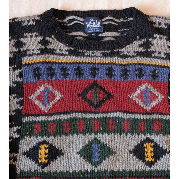 Woolrich VTG Southwetern Thick Knit Sweater Wool 80s 90s Black Tribal Boxy MED - Picture 3 of 6